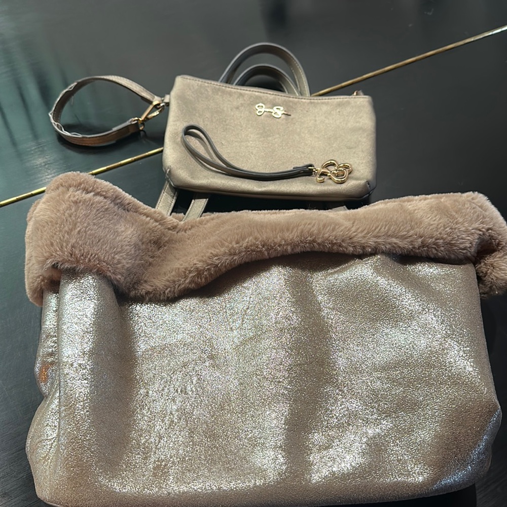 🔥Jessica Simpson Purse Tote Flora Fur Lined Metallic Handbag Matching Wallet🔥